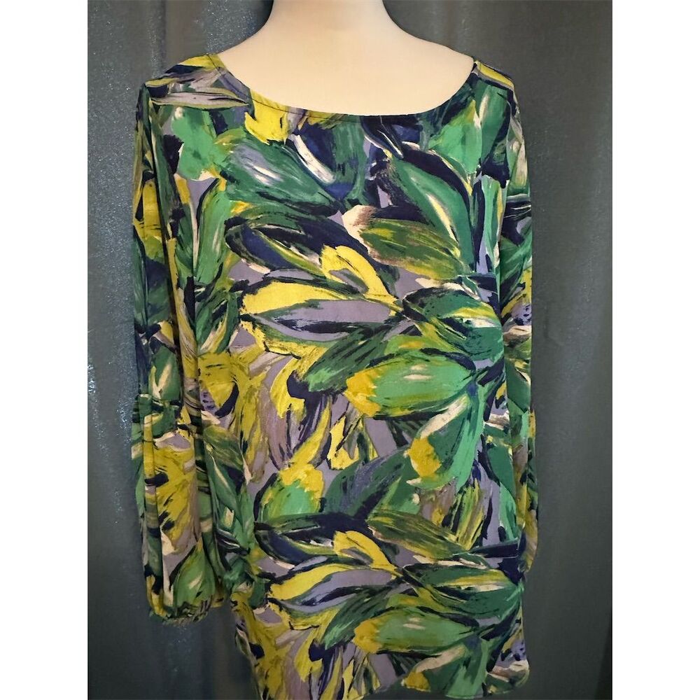 Jessica Rose Women's XL Blue Floral Long Sleeve Blouse Boat Neck
